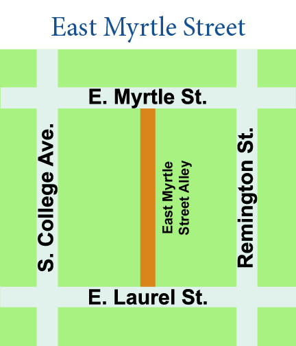 Depiction of East Myrtle Street Alley, between South College Avenue and Remington Street and East Myrtle Street and East Laurel Street