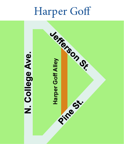Depiction of Harper Goff Alley, located at the intersection of Jefferson Street and Pine Street, parallel to North College Avenue