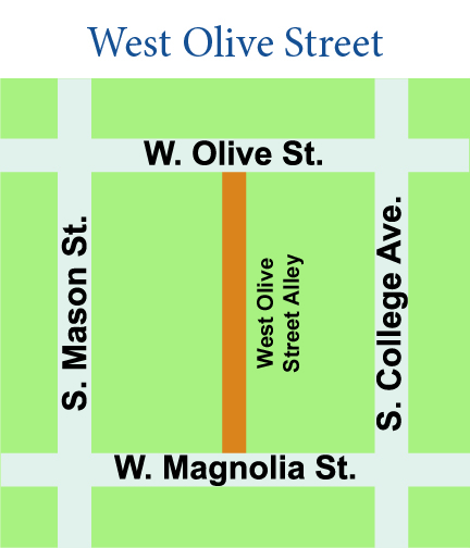 Depiction of West Olive Street Alley, located between South Mason Street and South College Avenue and between West Olive Street and West Magnolia Street