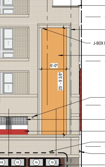 Construction design renderings of one of two mural placement and dimensions on the Oak 140 building