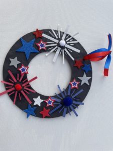 Festive Fourth of July Wreath made of paper plates, ribbons, stars and stickers