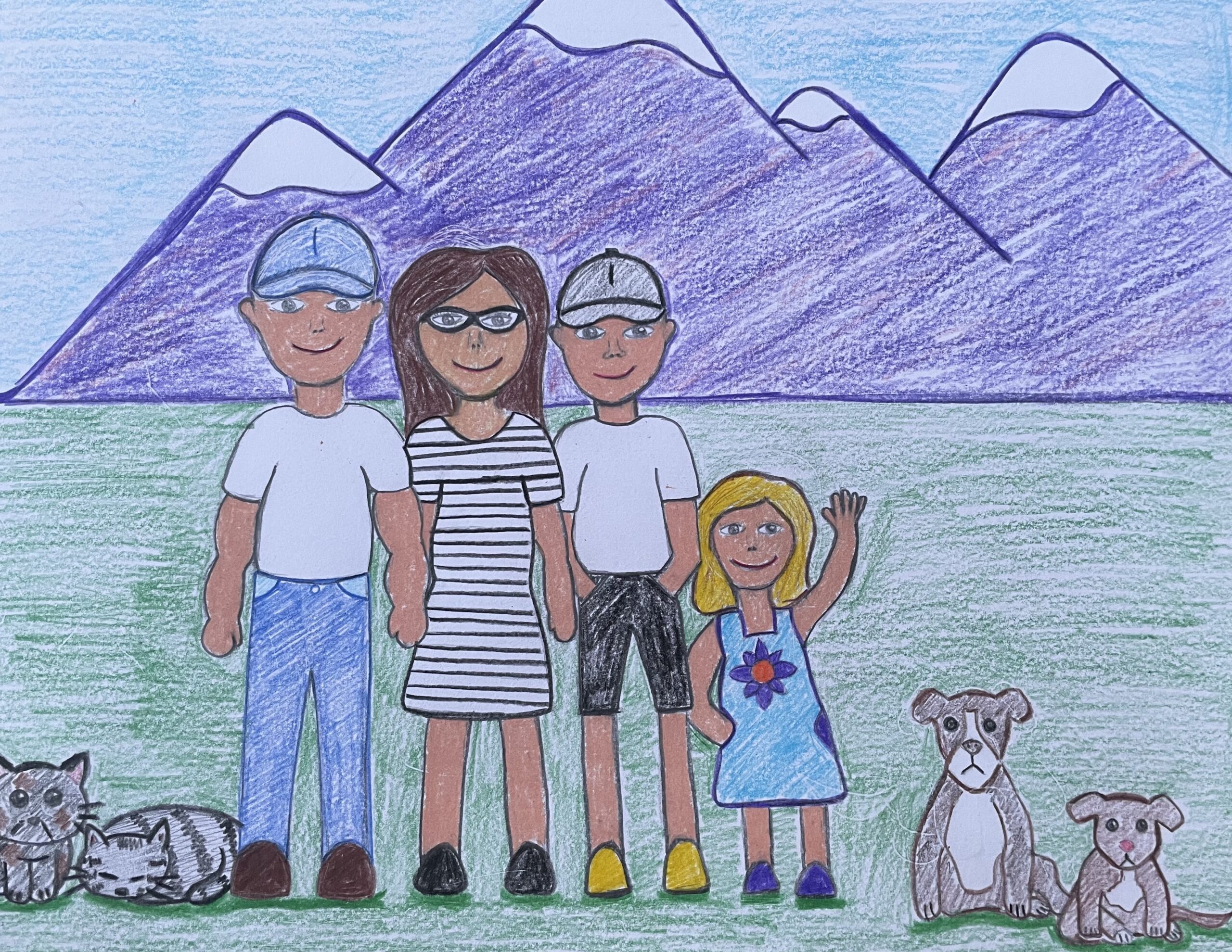 Drawn family portrait depicting two adults, two children and two cats and dogs in the mountains