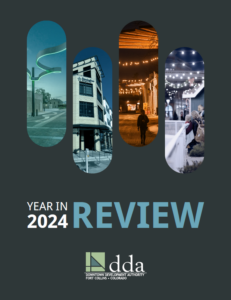 The Cover page of the 2024 DDA Year in Review report, showing four pictures of downtown. Once of a mother and child waiting in line for the skate rink, one of someone walking down west Oak Street alley, one of the Morning View senior living complex, and one of the suspended ribbon lights in West Olive Street.