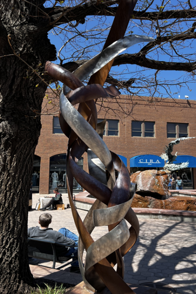 A sculpture of intertwined pieces of steel.