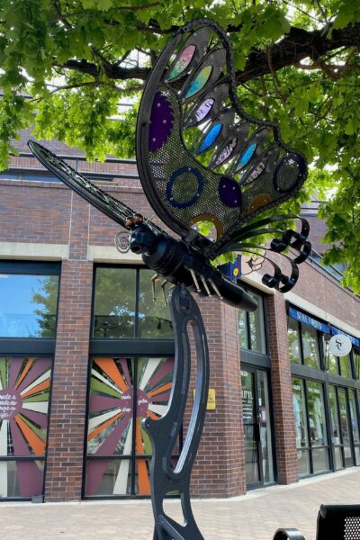 Large Sculpture, Wrought Metal Butterfly with Stained-glass panes in wings