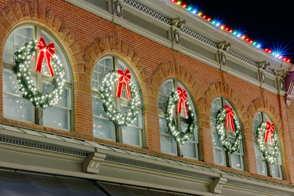 Downtown Holiday wreath on historic building-